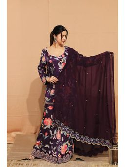 Kanika Verma - Purple Phulkari Kurta with Sharara and Dupatta (Set of 3)