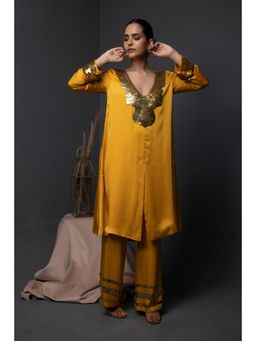 Kanika Verma - Mustard Sun Boarding Flap Collar Kurta and Pant (Set of 2)