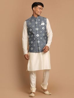 Vastramay - Men Grey And Cream Viscose Jacket, Kurta And Pyjama (Set of 3)