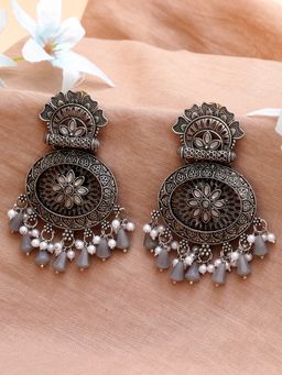 Karatcart - Oxidised Silver Floral Design Monalisa Stone Studded Grey Dangler Earrings