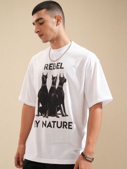 HIGHLANDER - White Polyester Blend Round Neck Oversized T-Shirt