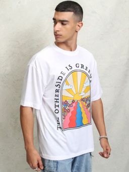 HIGHLANDER - White Polyester Blend Round Neck Oversized T-Shirt