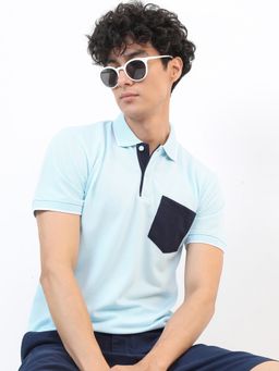 HIGHLANDER - Blue Polyester Collar Neck Slim Polo T-Shirt