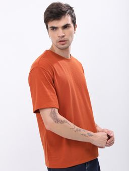 HIGHLANDER - Rust Polyester Round Neck Oversized T-Shirt