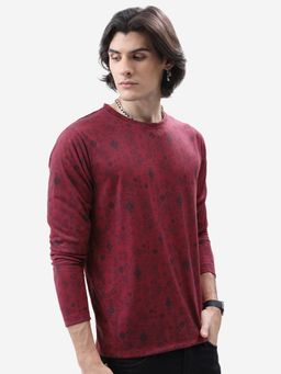 HIGHLANDER - Maroon Polyester Round Neck Relaxed T-Shirt