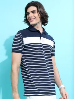 HIGHLANDER - Navy Blue Polyester Collar Neck Slim Polo T-Shirt