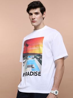 HIGHLANDER - White Polyester Blend Round Neck Oversized T-Shirt