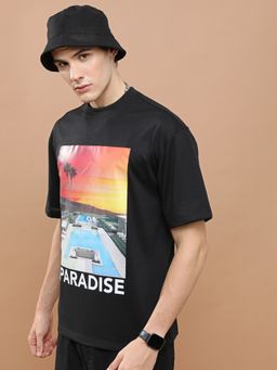 HIGHLANDER - Black Polyester Blend Round Neck Oversized T-Shirt