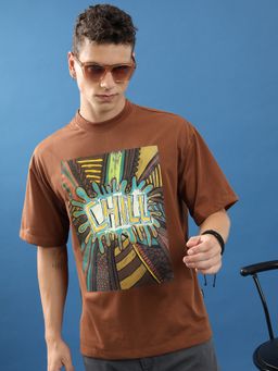 HIGHLANDER - Brown Polyester Blend Round Neck Oversized T-Shirt