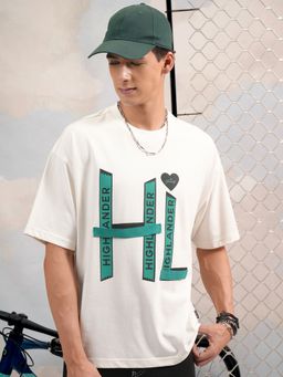HIGHLANDER - Off White Cotton Blend Round Neck Oversized T-Shirt