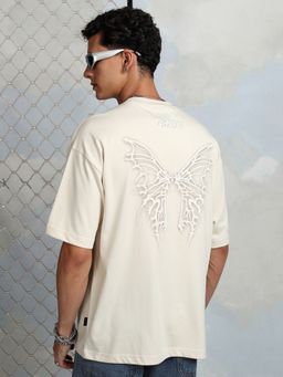 HIGHLANDER - Cream Cotton Blend Round Neck Oversized T-Shirt