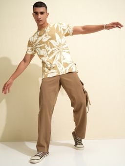 HIGHLANDER - Beige Cotton Blend Round Neck Regular T-Shirt