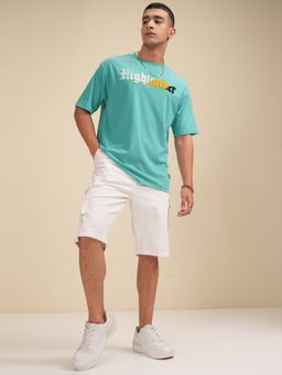 HIGHLANDER - Green Cotton Blend Round Neck Relaxed T-Shirt