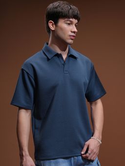 HIGHLANDER - Blue Polyester Blend Collar Neck Relaxed Polo T-Shirt