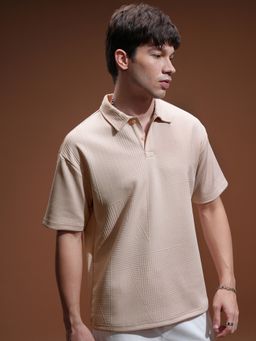 HIGHLANDER - Peach Polyester Blend Collar Neck Relaxed Polo T-Shirt