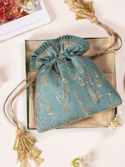 AMYRA - Arbre Silk Embroidered Potli Bag Blue Green