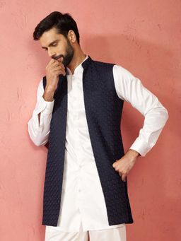 Vastramay - Navy Blue Mandarin Neck Nehru Jacket