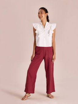 Go Colors - Women Bright Maroon Linen Cargo Pant
