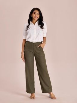 Go Colors - Women Olive Green Linen Cargo Pant