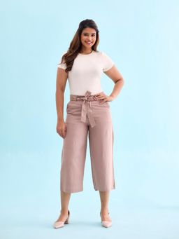 Go Colors - Women Solid Beige Linen Mid Rise Culottes