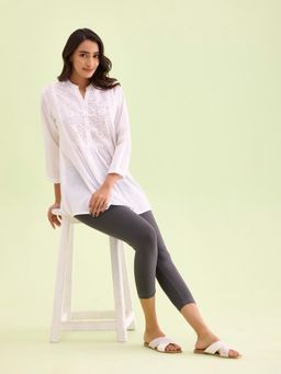 Go Colors - Soft Cotton Stretch Cropped Leggings For Women | Breathable, Mid Rise, Black Silver Grey