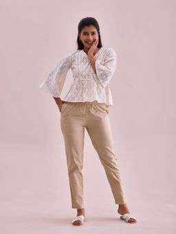 Go Colors - Women Solid Light Beige Mid Rise Cotton Pants