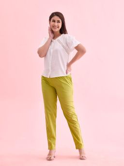 Go Colors - Women Solid Pista Green Mid Rise Cotton Pants