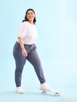 Go Colors - Women Solid Cotton Dark Jean Blue Cuffed Joggers