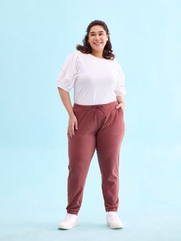 Go Colors - Women Solid Cotton Dark Rust Cuffed Joggers