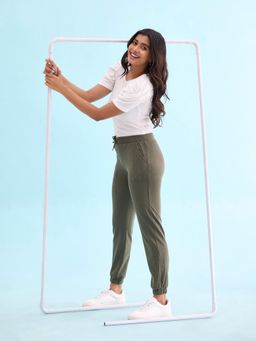 Go Colors - Women Solid Cotton Olive Green Cuffed Joggers