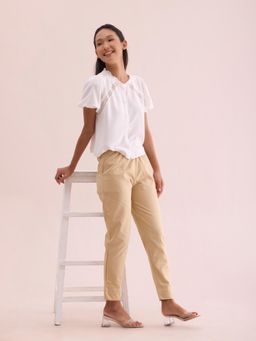 Go Colors - Women Solid Light Beige Cotton Pencil Pant