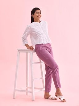 Go Colors - Women Solid Lilac Cotton Pencil Pant