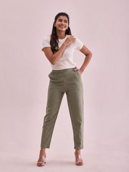 Go Colors - Women Striped Olive Linen Pencil Pants