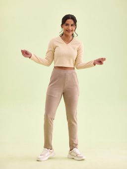 Go Colors - Women Solid Light Brown Mid Rise Suede Treggings