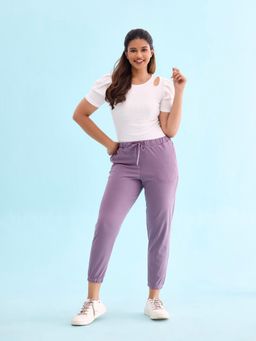 Go Colors - Women Solid Cotton Dusty Purple Cuffed Joggers