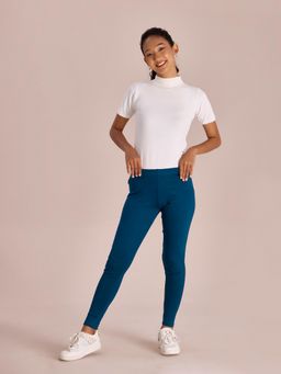 Go Colors - Cotton Stretch Ribbed Warm Leggings For Women | Light Weight, Mid Rise, Beige Turquoise Blue