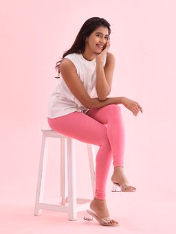 Go Colors - Soft Cotton Stretch Ankle Length Leggings For Women | Breathable, Mid Rise, Young Pink (2XL)