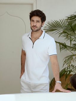 KINGDOM OF WHITE - Diverge Black Tipping Polo Collar Pure Cotton White T-Shirt