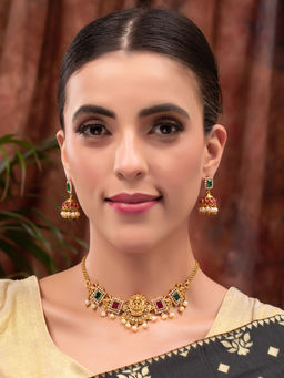 PANASH - Gold Plated Multi-Color Stone Studded Temple Choker Jewellery Set