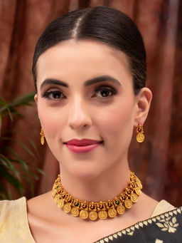 PANASH - Gold Plated Multi-Color Stone Studded Temple Jewellery Set