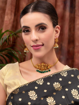 PANASH - Gold Plated Stone & Pearl Studded Temple Choker Jewellery Set