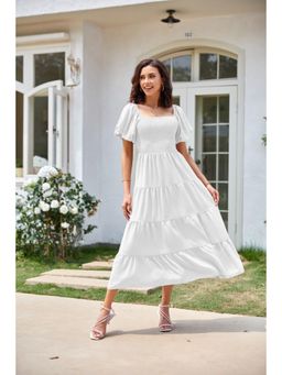 Outzidr - White Square Neck Puff Sleeved Tiered Midi Dress