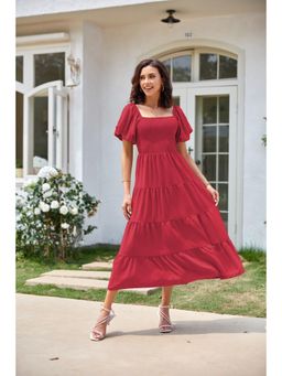 Outzidr - Red Square Neck Puff Sleeved Tiered Midi Dress