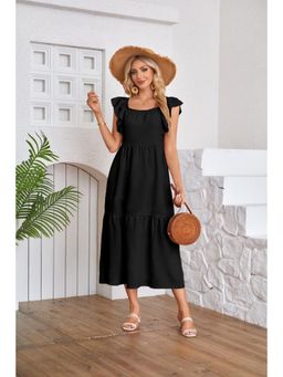 Outzidr - Black Solid Cap Sleeved Empire Waist Smocked Midi Dress