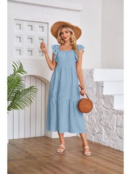 Outzidr - Blue Solid Cap Sleeved Empire Waist Smocked Midi Dress