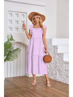 Outzidr - Purple Solid Cap Sleeved Empire Waist Smocked Midi Dress