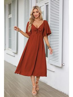 Outzidr - Red Flared Sleeved Bow Detailed Neck Midi Dress