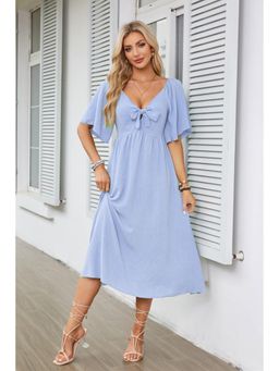 Outzidr - Blue Flared Sleeved Bow Detailed Neck Midi Dress