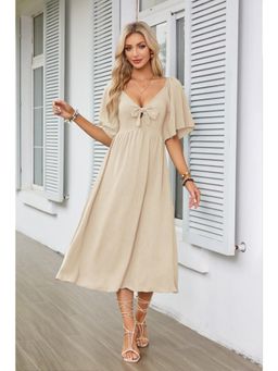 Outzidr - Beige Flared Sleeved Bow Detailed Neck Midi Dress