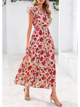Outzidr - Red Printed Cap Sleeved Midi Dress